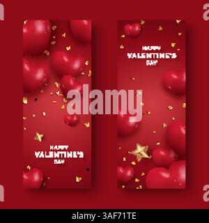 Bannières verticales Saint-Valentin avec des coeurs rouges, des étoiles dorées et des confettis sur un fond rouge Illustration de Vecteur