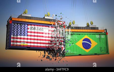 Conteneurs de fret avec drapeaux des Etats-Unis et du Brésil - illustration 3D. Banque D'Images