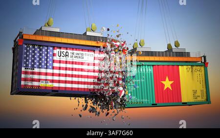 Conteneurs de fret avec drapeaux des Etats-Unis et du Cameroun - illustration 3D. Banque D'Images