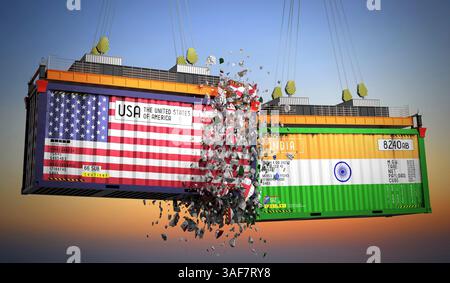 Conteneurs de fret avec drapeaux des Etats-Unis et de l'Inde - illustration 3D. Banque D'Images