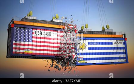 Conteneurs de fret avec drapeaux des États-Unis et de l'Uruguay - illustration 3D. Banque D'Images