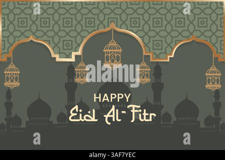 Une bannière festive de l'Aïd Al-Fitr avec des décorations complexes, des lanternes suspendues et un fond vert avec des silhouettes de mosquée, idéal pour célébrer Illustration de Vecteur
