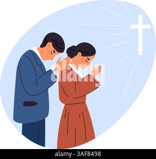 Homme et femme priant Dieu. Des gens fidèles. Croix du christianisme. Jésus adoration. Les prières se tiennent ensemble. Rituel religieux. Croyance spirituelle Illustration de Vecteur