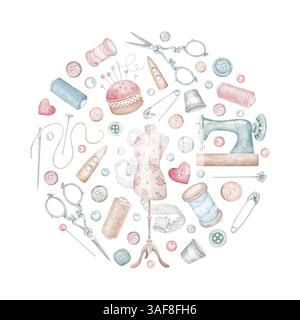Composition ronde avec outils de couture et accessoires de travail à l'aiguille. Machine à coudre, mannequin, coussin d'épingle, ciseaux, boutons, cosse, bobine, goupille de sécurité Banque D'Images
