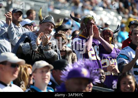 30 octobre 2011 ; les fans du Minnesota habillent le rôle pour Halloween alors qu'ils attendent que leurs Vikings prennent le terrain contre les Panthers au Bank of America Stadium à Charlotte, Caroline du Nord. Le score est égal à la mi-14.(image crédit : © Jim Dedmon/Cal Sport Media/ZUMAPRESS.com) Banque D'Images