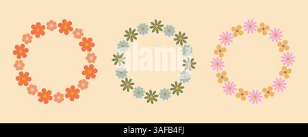 Ensemble de cadres de cercles de fleurs groovy. Cadre circulaire floral. Bordure ronde botanique simple dessinée à la main, laurier, couronne avec des fleurs. Illustration vectorielle pour Illustration de Vecteur