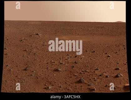 19 janvier 2004 ; Edwards, CA, États-Unis ; IDL TIFF fileRocks : Windows to History of mars-cette image en pleine résolution prise par la caméra panoramique à bord du mars exploration Rover Spirit avant qu'il ne roule de l'atterrisseur montre la surface rocheuse de mars. Les scientifiques sont impatients de commencer à examiner les roches parce que, contrairement au sol, ces « petites capsules temporelles » contiennent des souvenirs des processus anciens qui les ont formées. Les données des filtres rouge, vert et bleu de la caméra ont été combinées pour créer cette image en couleurs réelles. (Image de crédit : ZUMA Press/ZUMAPRESS.com) Banque D'Images