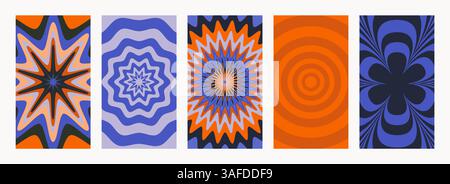 Ensemble de motifs rétro psychédéliques abstraits. Fonds groovy dans les couleurs orange et violet. Texture vectorielle hippie tendance dans le style abstrait y2k. Vecteur Illustration de Vecteur