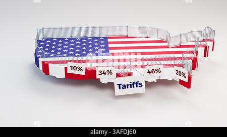 Concept : protectionnisme commercial par les États-Unis d'Amérique en appliquant des tarifs douaniers le jour de la libération. Une clôture de sécurité construite autour d'une carte du U. Banque D'Images