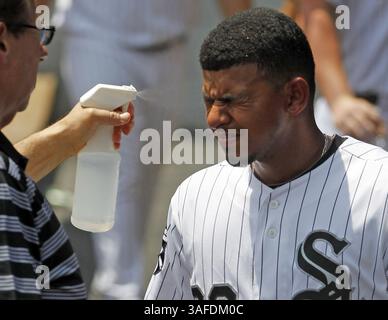 5 juillet 2012 - Chicago, il, États-Unis - Eduardo Escobar des White Sox de Chicago reçoit un spray rafraîchissant dans la dugout en jouant contre les Texas Rangers le jeudi 5 juillet 2012, au U.S. Cellular Field à Chicago, Illinois. Les White Sox l'ont emporté, 2-1. (Crédit image : © Brian Cassella/Chicago Tribune/MCT/ZUMAPRESS.com) Banque D'Images