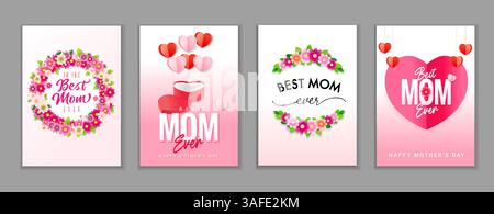 Pour la meilleure maman jamais, Happy Mothers Day ensemble de couvertures créatives. Bonne fête des mères beau bouquet rose de Marguerite et de calligraphie. Illustration vectorielle Illustration de Vecteur
