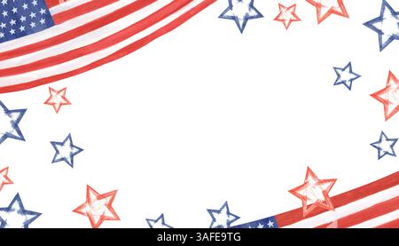 Cadre horizontal drapeau américain et étoiles avec espace vide pour le texte. Aquarelle symboles patriotiques nationaux rectangle bordure arrière-plan isolé. Banque D'Images