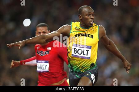 5 août 2012 - Londres, GBR - le jamaïcain Usain Bolt remporte le sprint masculin du 100m lors des Jeux Olympiques d'été le dimanche 5 août 2012, à Londres, en Angleterre. (Crédit image : © Brian Peterson/Minneapolis Star Tribune/MCT/ZUMAPRESS.com) Banque D'Images
