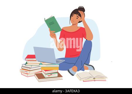 Étudiante fatiguée lisant des livres et utilisant un ordinateur portable assis sur le sol, se préparant aux examens Illustration de Vecteur