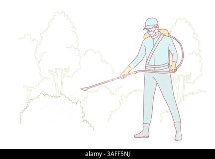 Un professionnel de la lutte antiparasitaire pulvérisant méthodiquement des pesticides dans un environnement de jardin vibrant et luxuriant Illustration de Vecteur