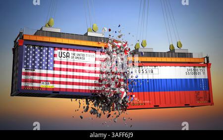 Conteneurs de fret avec drapeaux des Etats-Unis et de la Russie - illustration 3D. Banque D'Images