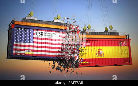 Conteneurs de fret avec drapeaux des États-Unis et de l'Espagne - illustration 3D. Banque D'Images