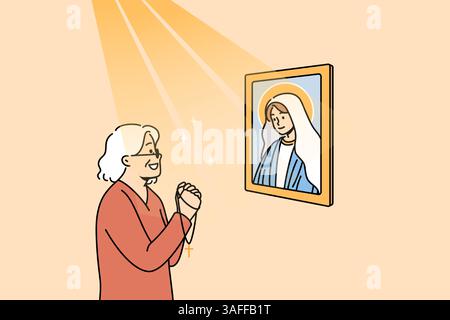 Femme âgée prie à Dieu debout près de l'icône de marie vierge, sous les rayons de lumière. Dame aux cheveux gris prie tenant le crucifix catholique dans les mains et souriant, remerciant la mère de jésus pour la vie Illustration de Vecteur