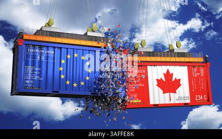 Conteneurs de fret avec drapeaux de l'Union européenne et du Canada - illustration 3D. Banque D'Images