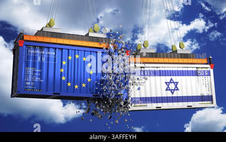 Conteneurs de fret avec drapeaux de l'Union européenne et d'Israël - illustration 3D. Banque D'Images