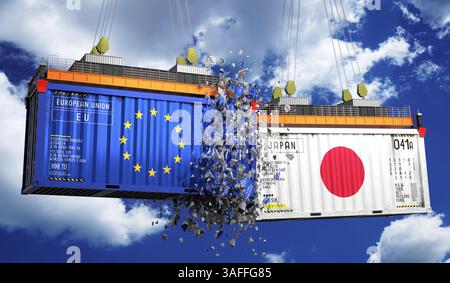 Conteneurs de fret avec pavillons de l'Union européenne et du Japon - illustration 3D. Banque D'Images