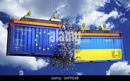 Conteneurs de fret avec drapeaux de l'Union européenne et de l'Ukraine - illustration 3D. Banque D'Images