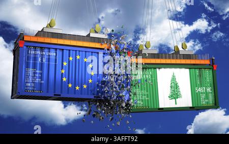 Conteneurs de fret avec drapeaux de l'Union européenne et de l'île de Norfolk - illustration 3D. Banque D'Images