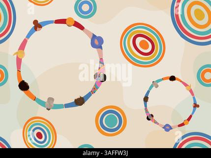 Modèle transparent de personnes multiculturelles tenant la main dans un cercle – vue aérienne. Diversité unité égalité raciale concept Illustration de Vecteur