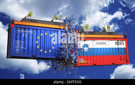Conteneurs de fret avec pavillons de l'Union européenne et de la Slovénie - illustration 3D. Banque D'Images