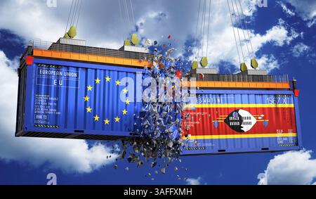 Conteneurs de fret avec drapeaux de l'Union européenne et de l'Eswatini - illustration 3D. Banque D'Images