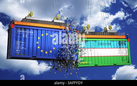 Conteneurs de fret avec drapeaux de l'Union européenne et de l'Ouzbékistan - illustration 3D. Banque D'Images