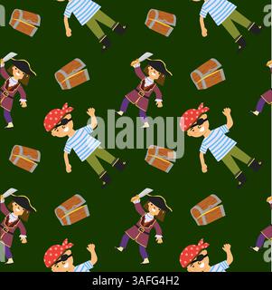 Motif pirate sans couture avec personnages de dessins animés et coffres au trésor. Illustration de Vecteur