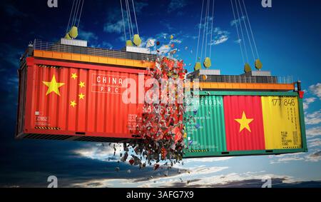 Conteneurs de fret avec drapeaux de Chine et Cameroun - illustration 3D. Banque D'Images