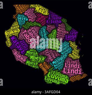 Tanzanie régions nuages de mots. Design de style néon lumineux sur fond sombre. Noms de région du pays en swahili. Illustration de Vecteur