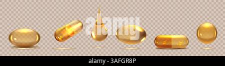Vitamine capillaire. Pilule d'huile d'or. Goutte de sérum doré 3D ou comprimé liquide. Gouttelette d'essence. Gel fluide cosmétique. Boule à bulles d'eau. Supplément oméga pour la peau Illustration de Vecteur