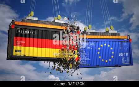 Conteneurs de fret avec pavillons de l'Allemagne et de l'Union européenne - illustration 3D. Banque D'Images
