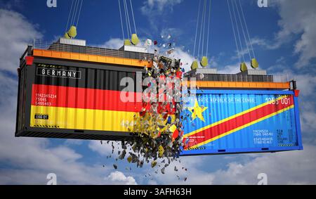 Conteneurs de fret avec pavillons de l'Allemagne et de la République démocratique du Congo - illustration 3D. Banque D'Images