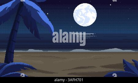 Paysage de plage de nuit avec palmier et lune, fond d'art pixel. toile de fond 2d dans le style de jeu vidéo rétro 8 bits Illustration de Vecteur