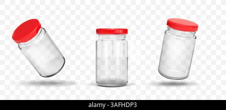 Bouteille en verre. Pot 3D avec couvercle. Videz le conteneur fermé dans le bourrage. Sauce ou cornichon en conserve. Capuchon métallique, vue de dessus. Verrerie pour aliments. Pot réaliste transparent. Illustration de Vecteur