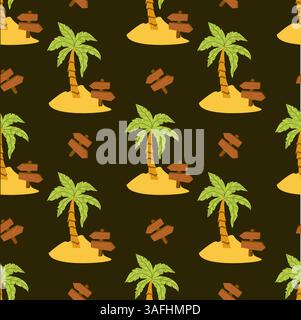 Modèle d'île tropicale sans couture avec des palmiers et des signes en bois sur fond sablonneux. Illustration de Vecteur
