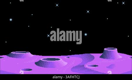 Pixel art de style rétro d'une surface semblable à la lune avec des cratères et un ciel étoilé. paysage aride 8 bits avec détails célestes. Sans faille lors de l'ancrage de l'horizon Illustration de Vecteur