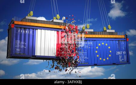 Conteneurs de fret avec pavillons de la France et de l'Union européenne - illustration 3D. Banque D'Images