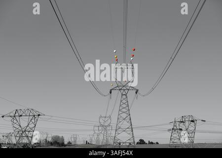 Les lignes électriques à haute tension avec des marqueurs de sécurité rouges, jaunes et blancs s'étendent au loin sous un ciel bleu vif dans un paysage rural pittoresque Banque D'Images