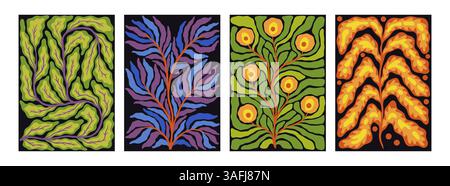 Fleurs abstraites. Motif floral graphique. Poster Matisse. Peinture d'art moderne. Plantes naturelles vintage. Pétales de fleurs. Ornement naturel. Feuilles plates. Formes botaniques irrégulières. Ensemble de fonds vectoriels Illustration de Vecteur