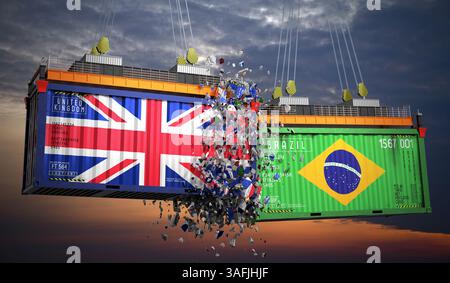 Conteneurs de fret avec drapeaux du Royaume-Uni et du Brésil - illustration 3D. Banque D'Images