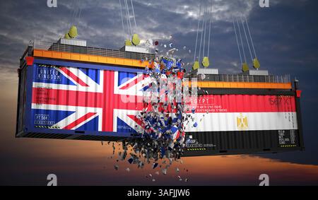 Conteneurs de fret avec drapeaux du Royaume-Uni et de l'Egypte - illustration 3D. Banque D'Images