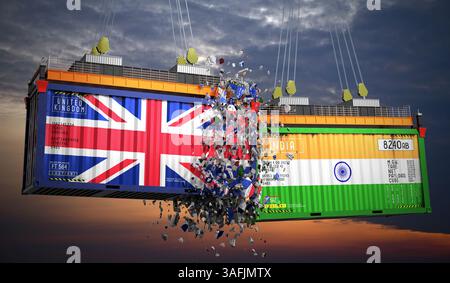 Conteneurs de fret avec drapeaux du Royaume-Uni et de l'Inde - illustration 3D. Banque D'Images