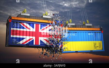 Conteneurs de fret avec drapeaux du Royaume-Uni et de l'Ukraine - illustration 3D. Banque D'Images