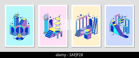 Affiches psychédéliques y2k d'escaliers et de portails surréalistes avec ciel étoilé de l'espace. Abstrait y2k éléments géométriques bannières vectorielles avec des escaliers d'art minimaux esthétiques, des arches et des fenêtres, des planètes, de la lune, des étoiles Illustration de Vecteur