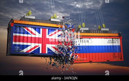 Conteneurs de fret avec drapeaux du Royaume-Uni et de la Russie - illustration 3D. Banque D'Images